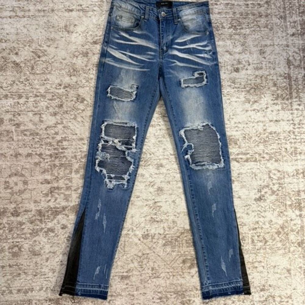 Amiri Men's Distressed Patched Straight Raw Hem Biker Jeans Blue Size 28